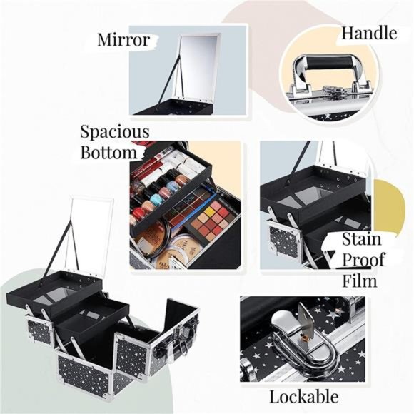 Makeup Train Case Portable Cosmetic Box 2 Trays with Mirror Lockable for Makeup - Picture 6 of 6